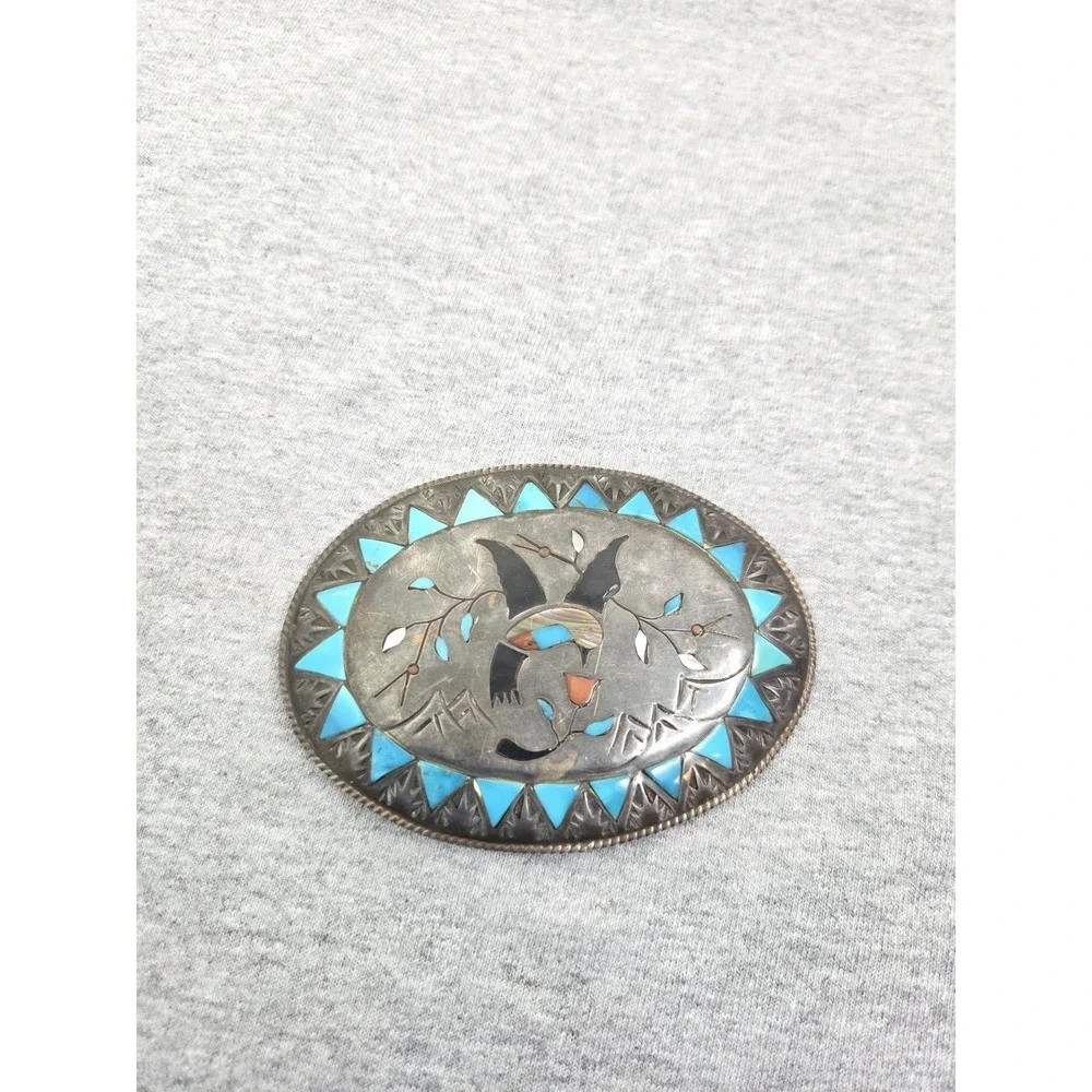 Navajo Benjamin Becenti Sterling Silver Turquoise Inlay Hummingbird Belt Buckle